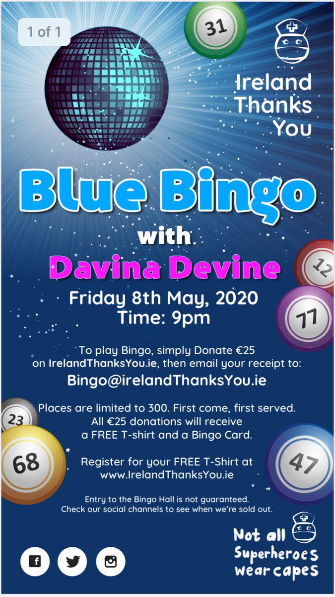 IrelandThanksU's tweet photo. BLUE BINGO Friday 8th
💙 You're in for a night of fun with the superstar @DavinaDevine 🥳🌟Follow the instructions on the poster, we have limited spaces available. All donations go to Frontline healthcare workers https://t.co/UEvSTNUBuu #wearblue #irelandthanksyou #bluebingo https://t.co/bH6gm4oxcu