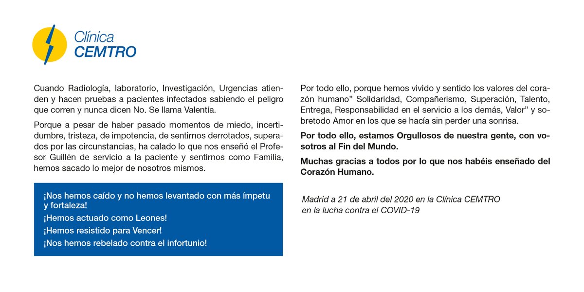 Queremos compartir con todos vosotros esta bonita carta del Dr. <a href="/tomasfernandezj/">tomas fernandez jaen</a> que refleja los sentimientos y sensaciones vividas en todos los hospitales de España 🇪🇸 durante estas semanas por el #covid-19

Vivimos sin duda un momento para estar más unidos que nunca👏