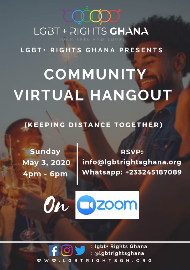 Ready to Virtually HangOut Tomorrow?
Email us info@lgbtrightsghana.org to RSVP. 
#BornFreeAndEqual #LGBTQ #VirtualHangOut #Ghana #LGBTRightsGhana
