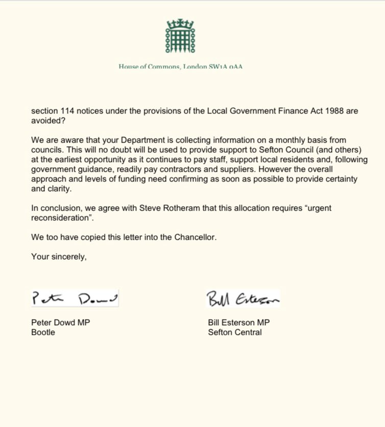 A joint letter from <a href="/Bill_Esterson/">Bill Esterson</a> and me to the gov asking them to ensure <a href="/seftoncouncil/">Sefton Council</a> is fully funded to cope with the Covid19 crisis. Let’s make sure that we really are all in it altogether and the Tories aren’t cherry picking which councils, usually Tory ones, they support.