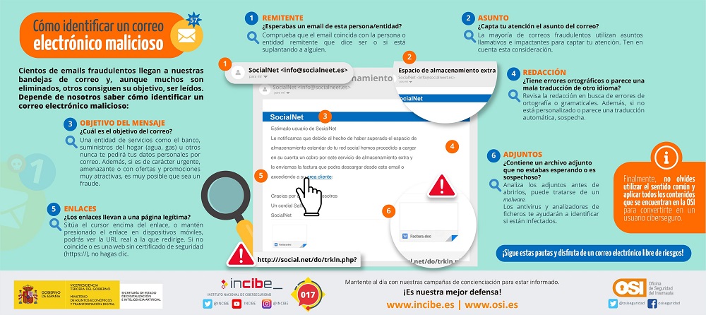 dsn's tweet photo. #Ciberseguridad -Reconoce y aprende a identificar correos maliciosos- @osiseguridad @INCIBE➡️#CiberCOVID19 https://t.co/vFrbwaRhnt https://t.co/UUtWJNteSp