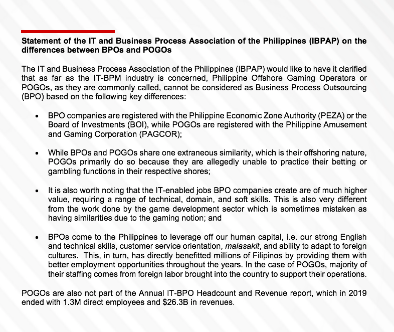newswatchplusph's tweet photo. The IT and Business Process Association of the Philippines says Philippine Offshore Gaming Operators (POGOs) cannot be considered as Business Process Outsourcing (BPO) https://t.co/sDo55hwVGt https://t.co/IAvt143f7v