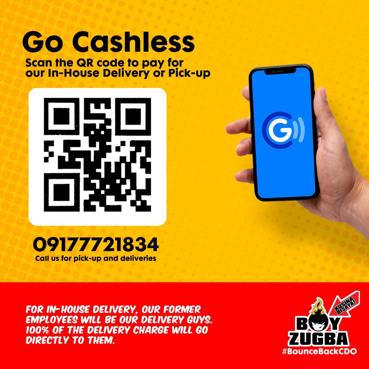 BoyZugbaPH's tweet photo. Hi migo/miga! You’re a few taps away from your order. 🥳👌🏼

Let’s go less! Go Cashless, for Less person to person contact. 😉

Scan our QR Code for your order payment. 

For orders, click this link: https://t.co/psZTSPLfuN or call us +639177721834.

#BoyZugba #BounceBackCDO https://t.co/hh0hzuMmi7