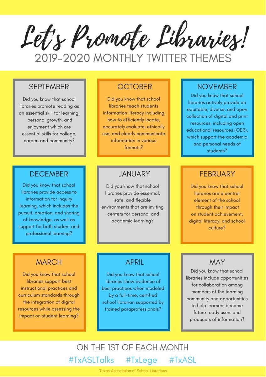 lispylibrarian's tweet photo. We made it to May!

Did you know that school libraries include opportunities for collaboration among members of the learning community &amp; opportunities to help learners become future ready users &amp; producers of information?
#TxASLTalks #Txlege #TxASL https://t.co/Nqigj6iFSQ