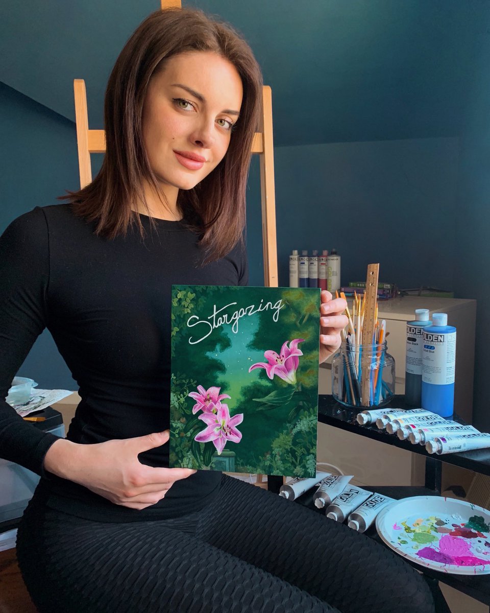 hi. hope you’re doing well. here’s me and my new painting Stargazing ✨