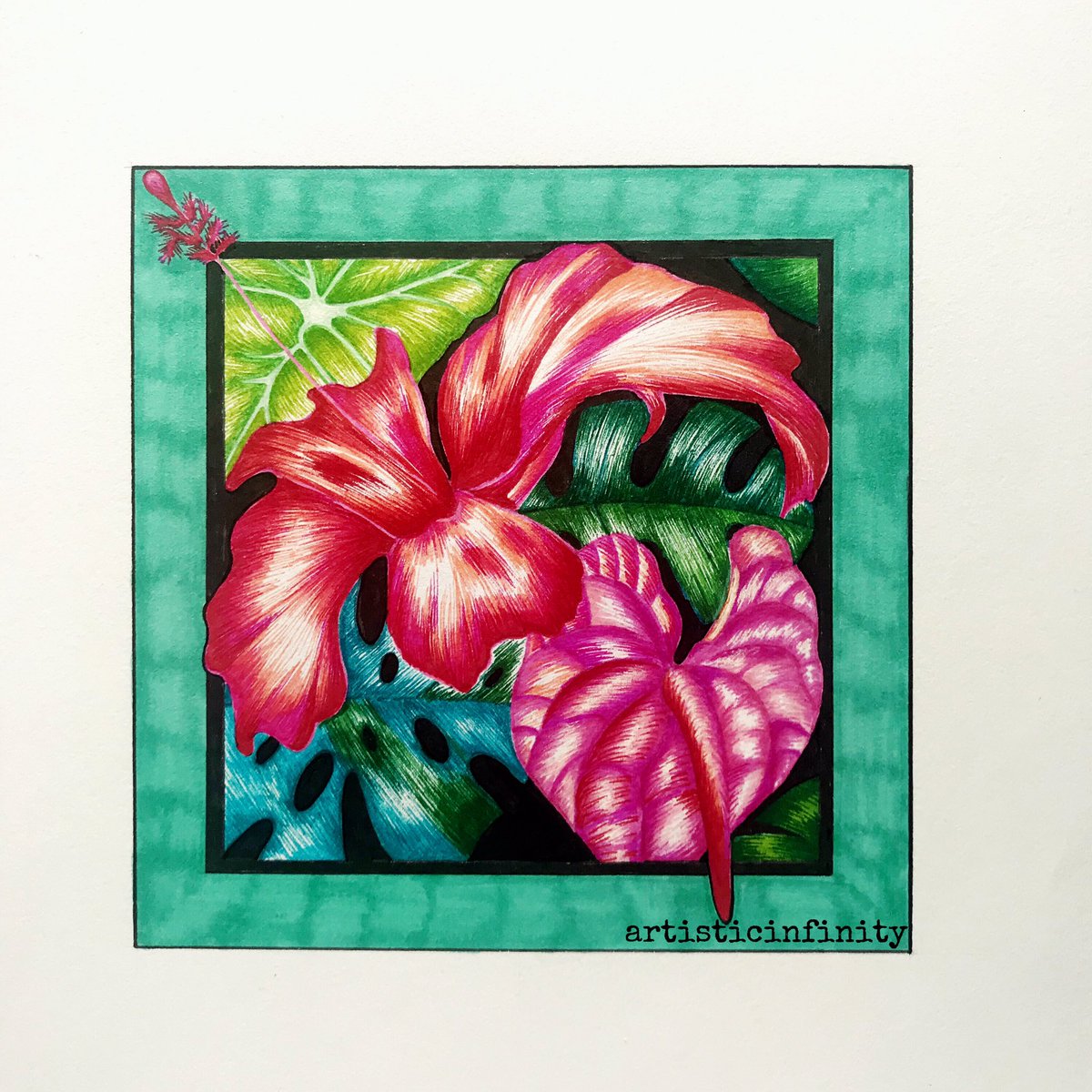 aquameraki94's tweet photo. Laten we de dag fleurig beginnen 
#tropics #flowers #tropicalflowers #anthurium #hibiscus #stabilo #sharpie #artisticinfinity https://t.co/8NQCAHn5AH