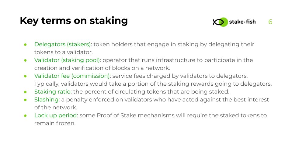 stakefish's tweet photo. Key #staking terminology worth knowing:
#Delegators
#Validator
#ValidatorFee
#StakingRatio
#Slashing
#LockUpPeriod https://t.co/M9sfxbHsyV