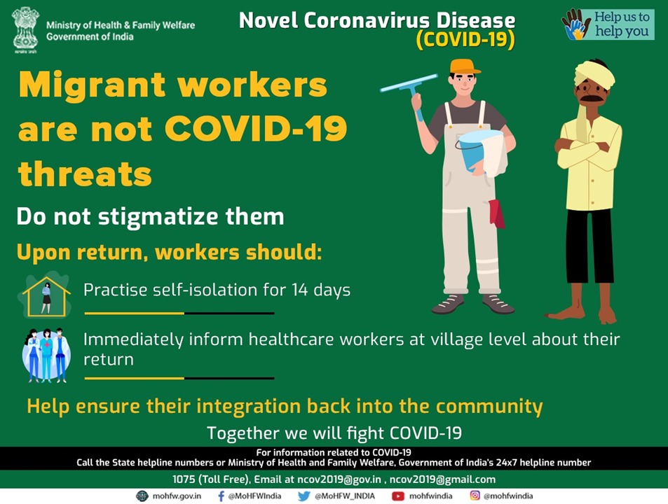 MoHFW_INDIA's tweet photo. #IndiaFightsCorona:

Migrant workers returning home are not #COVID19 threats. Help ensure their integration back into the community. Together we will fight #COVID19. 

#CoronaOutbreak #SwasthaBharat #HealthForAll #Lockdown3 https://t.co/oU4TwkUMBj