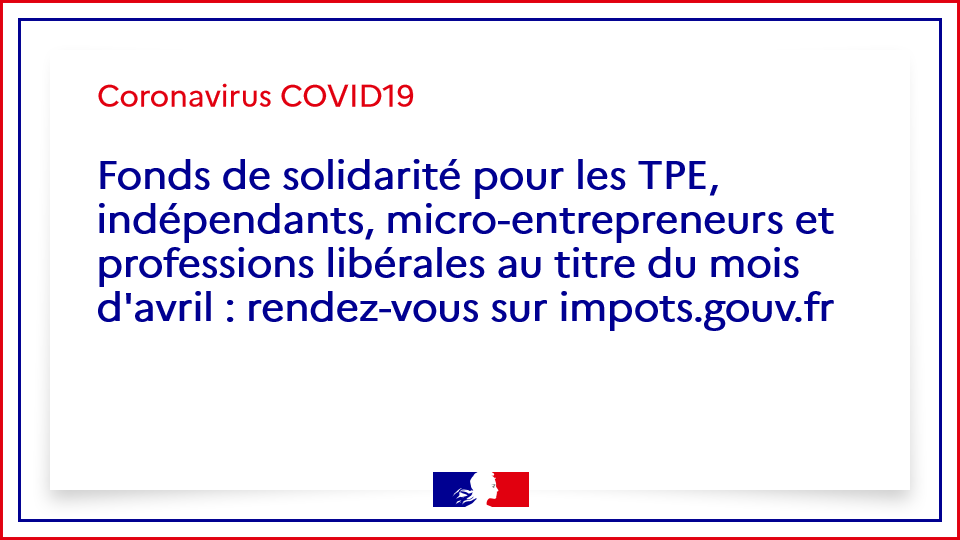 🔈 Fonds de solidarité de 1️⃣5️⃣0️⃣0️⃣€ pour les #entreprises : déposez dès maintenant une nouvelle demande pour le mois d'avril sur votre espace particulier ➡️ impots.gouv.fr
🔴 Le formulaire de mars est toujours disponible pour les demandes en cours.
#coronavirus #COVID19