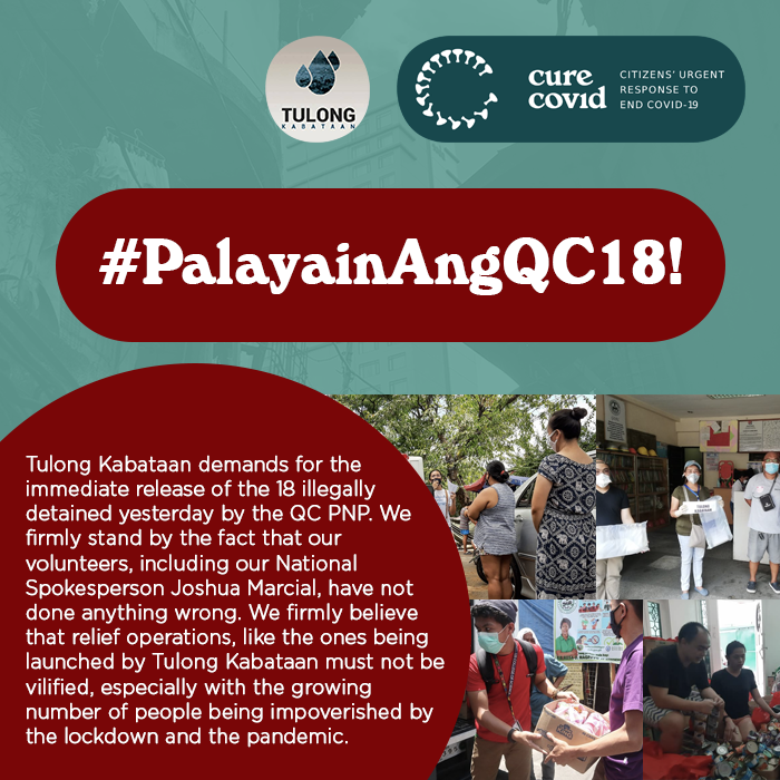 TulongKabataan_'s tweet photo. #PalayainAngQC18!

Our volunteers have only been faithful and steadfast in serving the people. They've been active even before the pandemic, spending countless hours in organizing for relief efforts for those devastated by the Taal eruption

Read in full: https://t.co/O0HfWtDMEs https://t.co/2Ug5DjSC9U