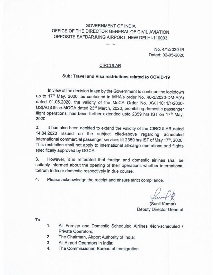 SwamyJourno's tweet photo. @DGCAIndia DGCA order informing that both domestic and international flight operations remain suspended until 2359 hours IST on 17th May
#Covidairtravelban
#COVID19India https://t.co/AziRwSkPRe