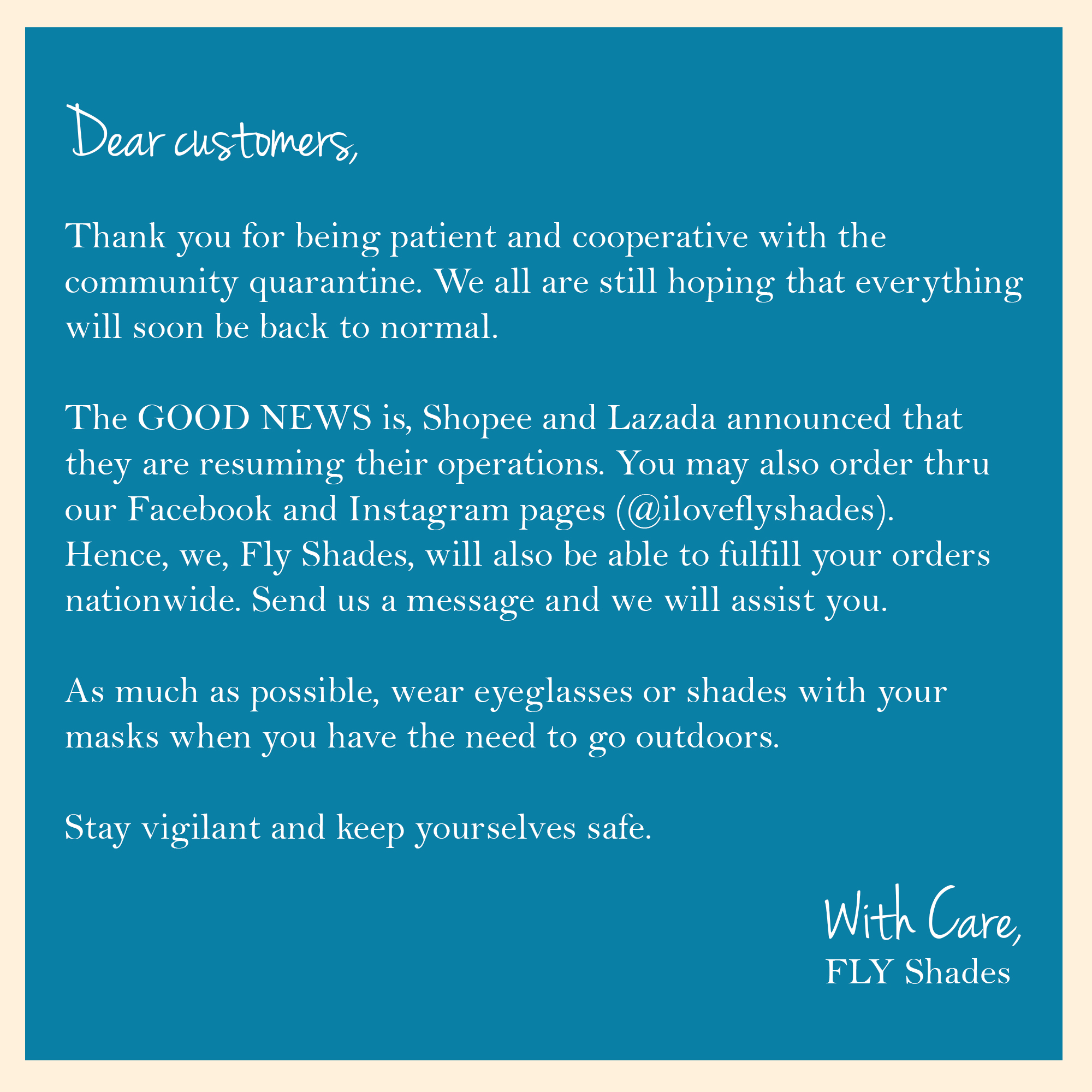 Fly Shades An Open Letter To All Our Valued Customers Thank You For Your Continued Support Even In Our Situation Today Due To Covid 19 T Co J8qmo2qks7 Twitter