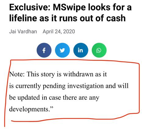 dishahdadpuri's tweet image. 1/ On 24 Apr 2020 @jaivardhan88 &amp;amp; @entrackr withdrew their story on @Mswipe and stated on their website that "it is currently pending investigation". 8 days have passed and there has been no updates.