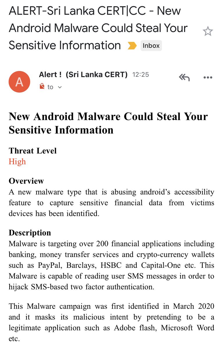 aselawaid's tweet photo. #SLCERT issues a "High" threat warning on a New Android #Malware which Could Steal Sensitive Financial Information. It's capable of reading users SMS in order to hijack SMS-based 2 factor authentications. Reports of PayPal, HSBC &amp; crypto wallets targeted #CyberSecurityLK https://t.co/PrNkpF9Tp2