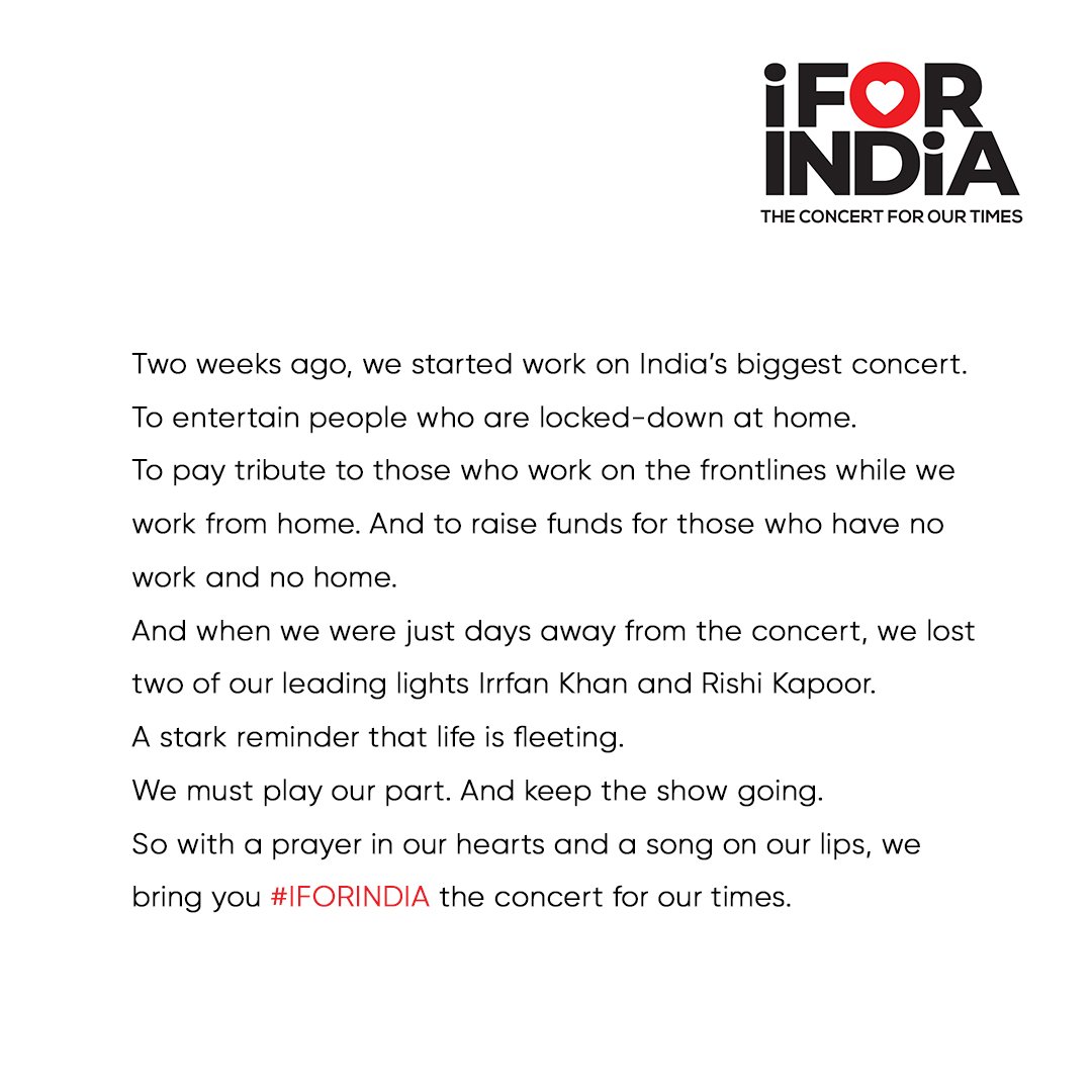 imVkohli's tweet photo. #IFORINDIA, the concert for our times. 3rd May, 7:30pm IST. Watch it LIVE worldwide on Facebook. 100% of proceeds go to the India COVID Response Fund set up by @GiveIndia

Tune in - https://t.co/kuUR7wV8yK 

Donate now - https://t.co/3ALVb6ELis

Do your bit. #SocialForGood https://t.co/MtyvlxnHX9