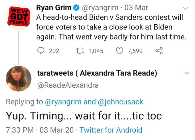 In this screenshot, you can see Reade communicating with Ryan Grim, the main pusher of this smear, the very night Joe Biden won South Carolina. Notice what she is saying. And how clearly political it is.