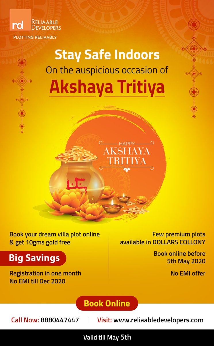 ReliaableD's tweet photo. On the auspicious day of Akshaya Tritiya, book your dream villa plot online &amp; get 10gms of free Gold delivered after lockdown!
Call Now: 8880447447 or visit https://t.co/i1dBmQqSmj
#AkshayaTritiya2020 #ReliaableDevelopers #Bengaluru https://t.co/fEDjQiFRzz