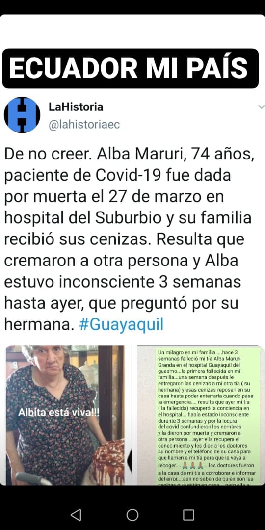 ecuatorianasss's tweet photo. #DoñaAlbita en vez de presentar su cédula va a tener q presentar su acta de defunción.
No estaba muerta, estaba en coma.
ADN a las cenizas!!
#EcuadorEnCrisis #Ecuador #EcuadorEnEmergencia #CoronavirusEnEcuador #CoronavirusEcuador #Guayaquil https://t.co/tF5x8QTxal