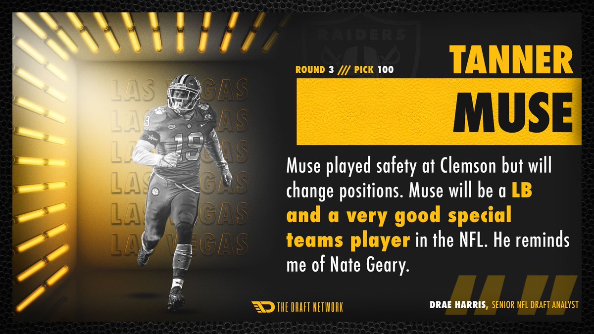 TheDraftNetwork's tweet image. With the No. 100 overall pick in the 2020 NFL Draft, the Las Vegas Raiders select Tanner Muse. 

TDN Scouting Report: buff.ly/2S3s7jS

#FrontOffice33 | #NFLDraft | #RaidersDraft