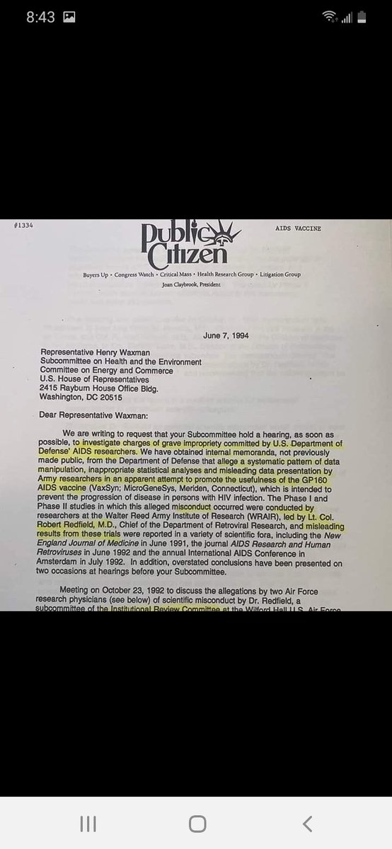 1994 letter to the Congressional Committee’s Henry Waxman that the money caused the Army to kill the investigation & “whitewash” Redfield’s crimes. The fraud propelled Birx & Redfield into stellar careers as health officials.Docs obtained via Tom Paine. @childrenshealthdefense