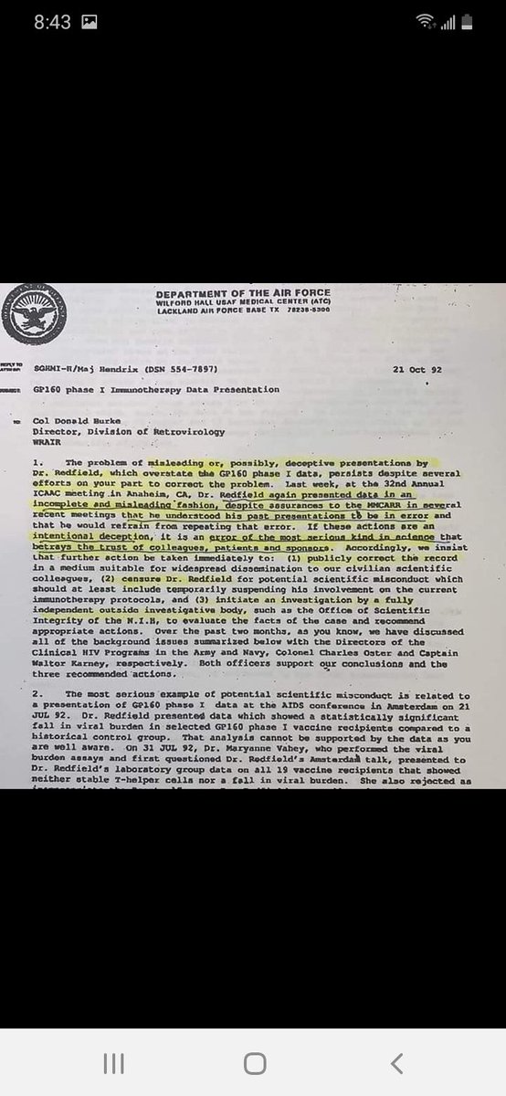 1994 letter to the Congressional Committee’s Henry Waxman that the money caused the Army to kill the investigation & “whitewash” Redfield’s crimes. The fraud propelled Birx & Redfield into stellar careers as health officials.Docs obtained via Tom Paine. @childrenshealthdefense