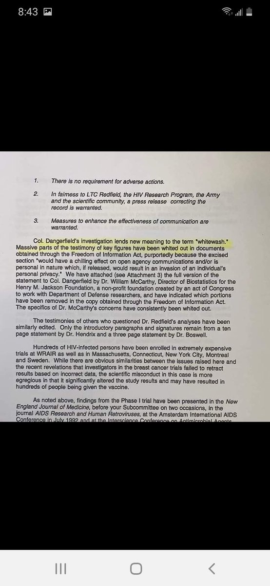 1994 letter to the Congressional Committee’s Henry Waxman that the money caused the Army to kill the investigation & “whitewash” Redfield’s crimes. The fraud propelled Birx & Redfield into stellar careers as health officials.Docs obtained via Tom Paine. @childrenshealthdefense