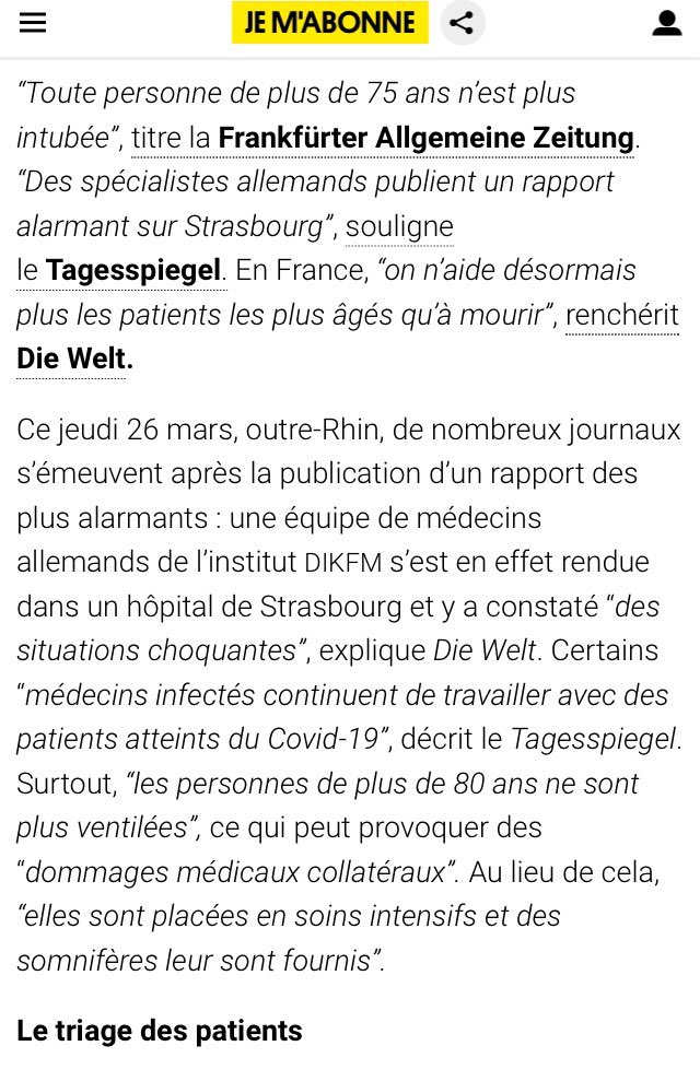 Des le 26 mars, malgré le black out des médias français, l’Allemagne s’alarmait du triage effectué en fonction de l’âge dans les hôpitaux du Grand Est :