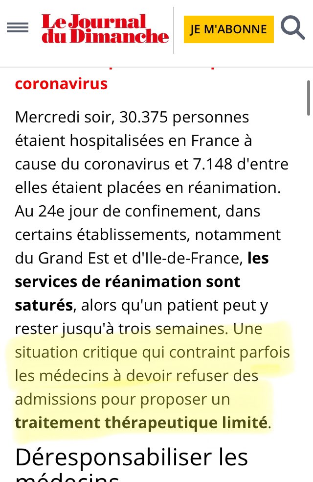 Le 9 avril, le JDD témoigne de la pratique du triage dans le Grand Est et en IDF. Sputnik relaye le témoignage de Sophie Herren, avocate au barreau de Paris, spécialisée dans les questions de santé. Elle alerte sur le tri sélectif effectué avant l’arrivée à l’hôpital :