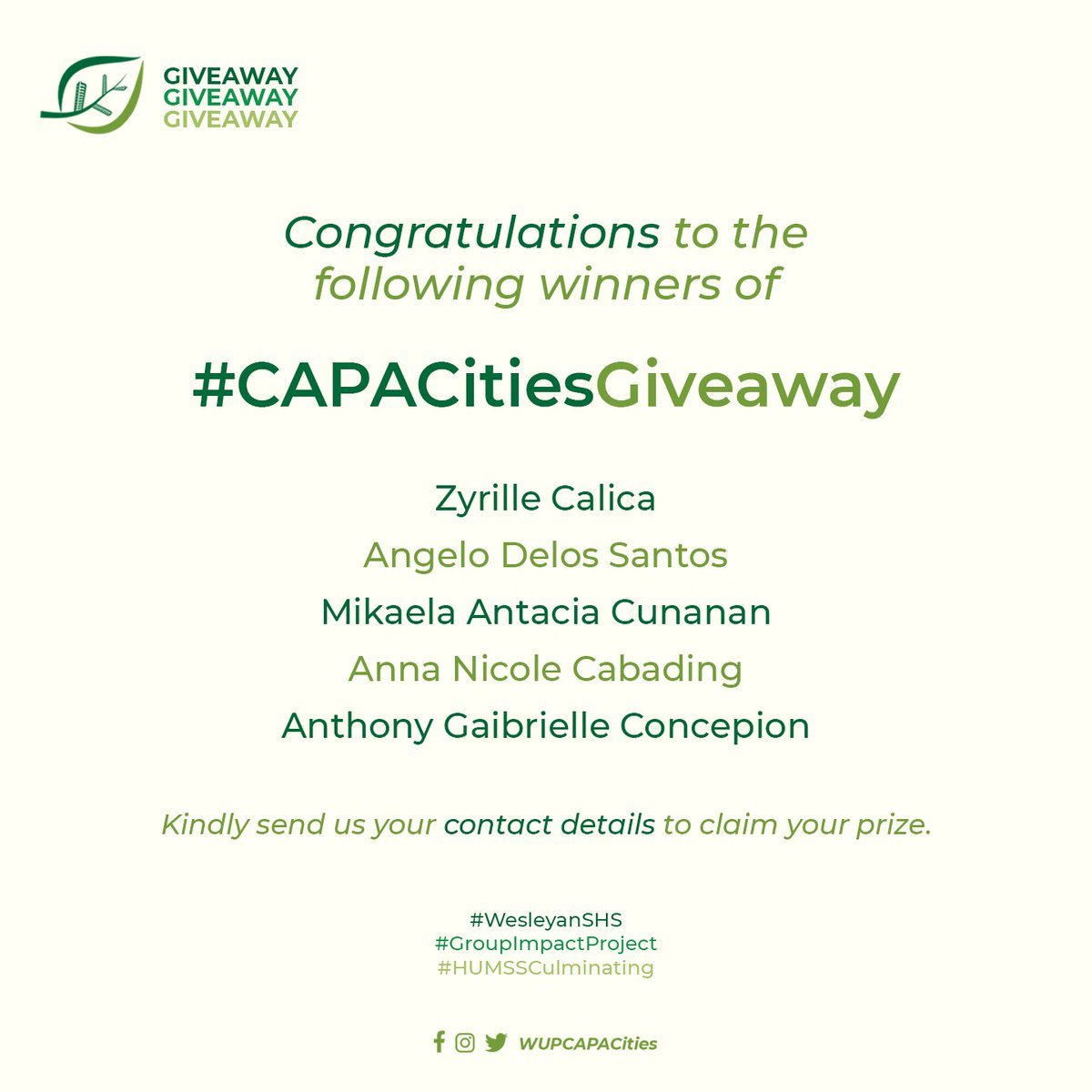 WUPCAPACities's tweet photo. Congratulations to the following winners of #CAPACitiesGiveaway who will receive 100 php load prize!

Please send us a private message to claim your prize. 🤩

Thank you so much for joining! Until next time!

#WesleyanSHS
#GroupImpactProject
#HUMSSCulminating https://t.co/LX81ikgg4n