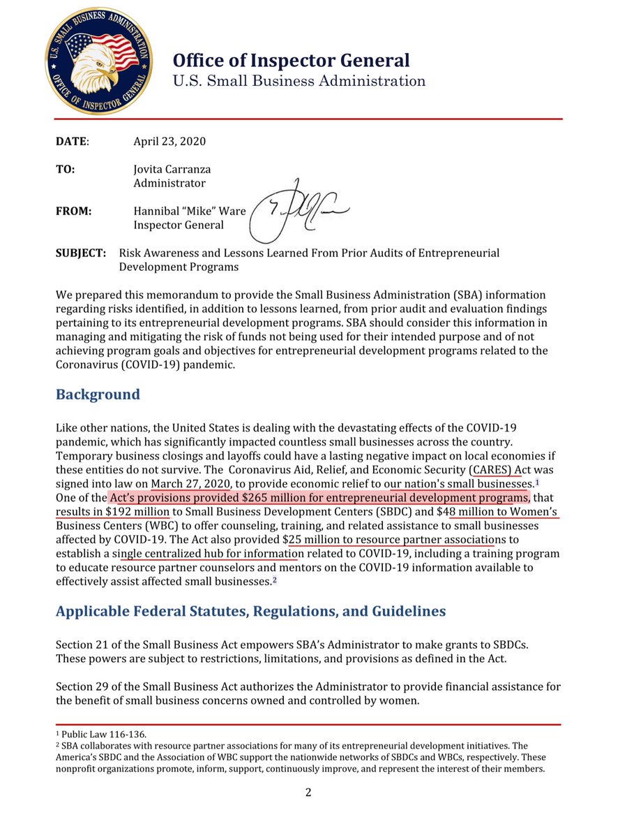 Speaking of the  @SBAgov  @SBAJovita yesterday’s  @SBAOIG report is - it’s a warning to the SBA and it serves as a place marker of the SBA’s horrid history of cronyism, mismanagement and lack of actual oversight If I were a reporter, I would keep an eye on this and the PPP distro