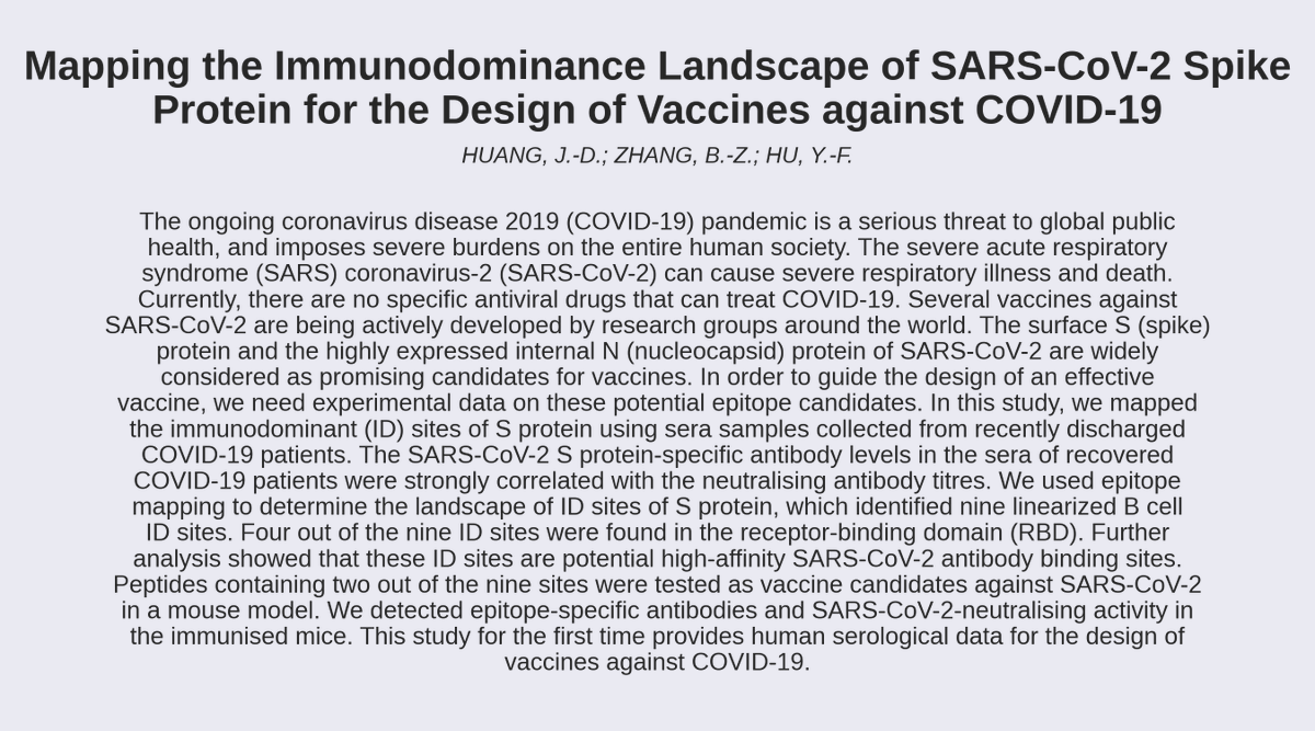 Covid 19 Arxiv 𝗧𝗶𝘁𝗹𝗲 Mapping The Immunodominance Landscape Of Sars Cov 2 Spike Protein For The Design Of Vaccines Against Covid 19 𝗔𝘂𝘁𝗵𝗼𝗿𝘀 Huang J D Zhang B Z Hu Y F T Co Vbmtwrdkl1 T Co 4mg1uriebv
