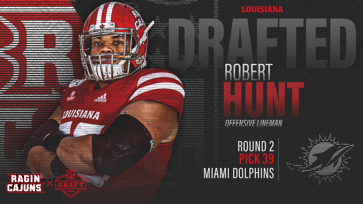 RaginCajunsFB's tweet photo. ✅ FINS UP!

@RobertHandyHunt is headed to the @MiamiDolphins! 

#NFLDraft | #cULture https://t.co/5XBRHpWkAe