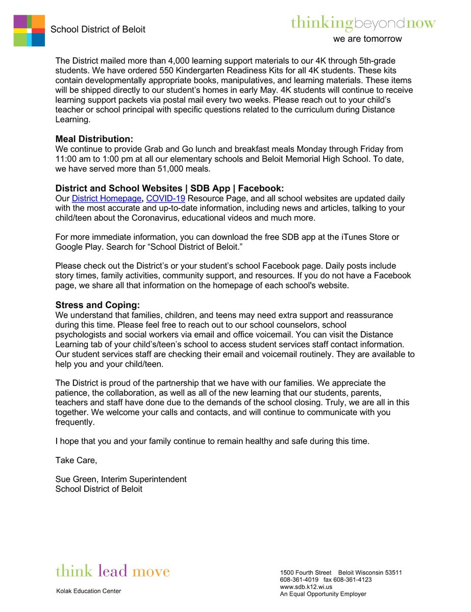 Please take a moment to read a letter we shared with our families this evening. We hope that everyone continues to be healthy and Safer at Home. #BeloitProud
