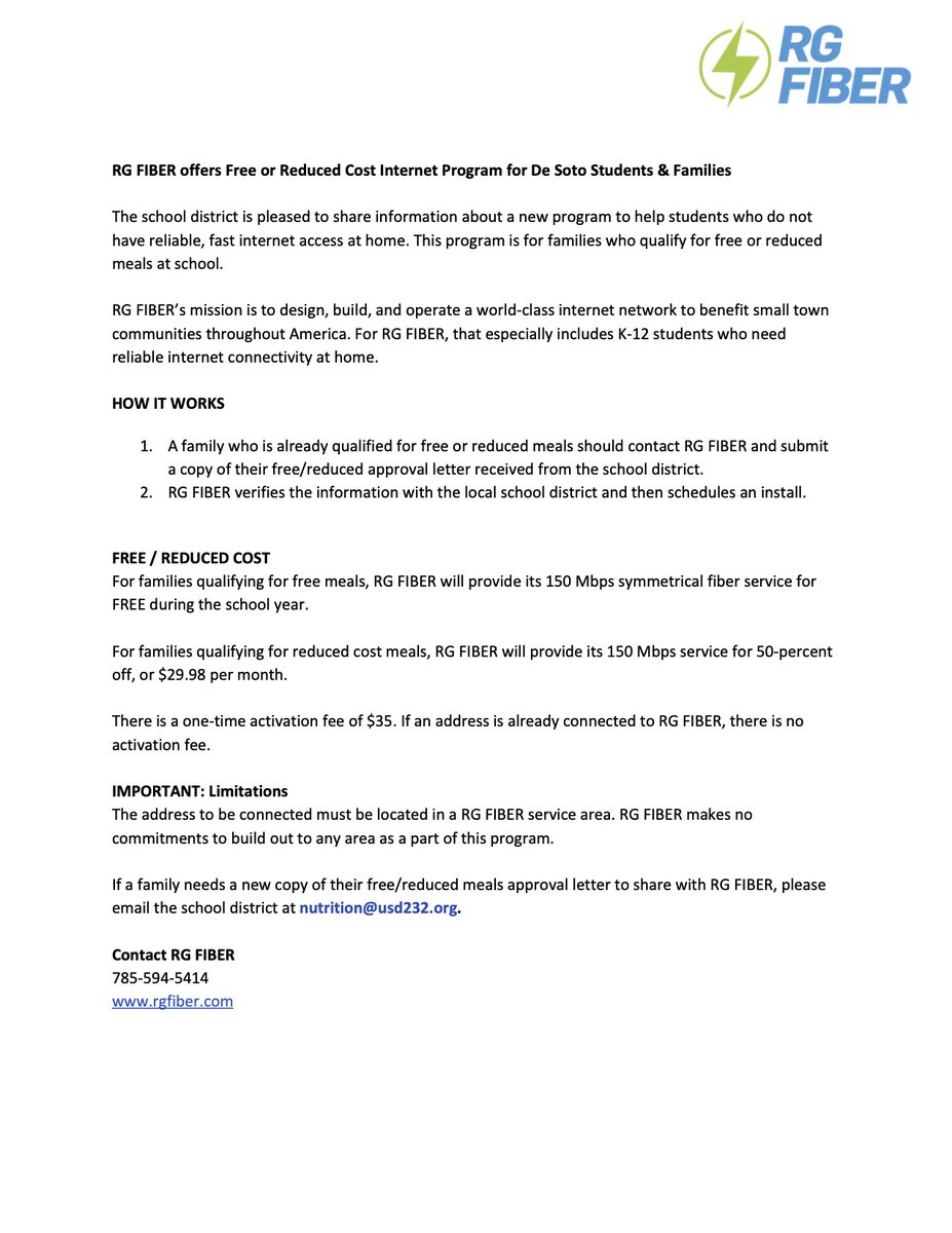 rgfiber's tweet photo. RG FIBER partners with USD 232 to bring our FREE and Reduced Cost Internet Program to De Soto!

@CityofDeSotoKS  @DeSotoKSChamber  @USD_232  @USD232EF https://t.co/yQx357BLDH