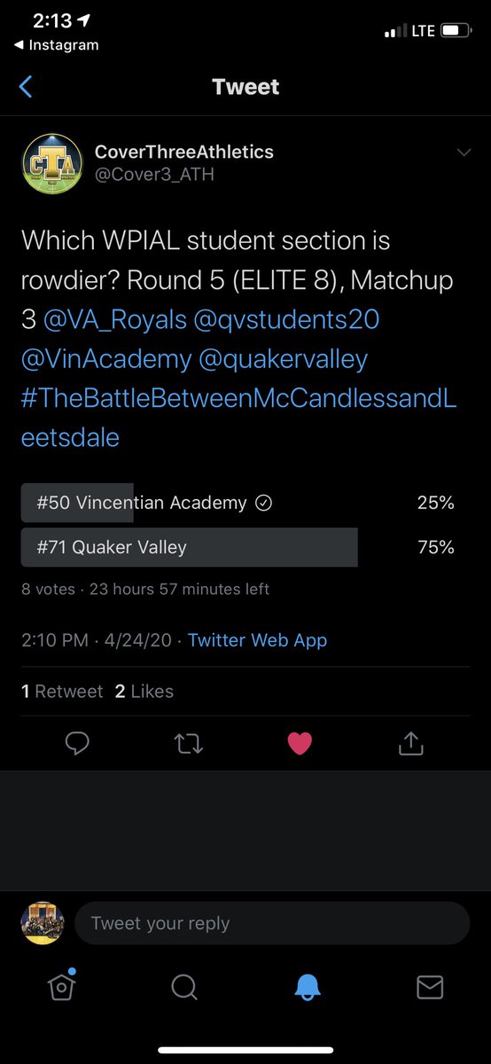 VA_Royals's tweet photo. @QVBasketball @Cover3_ATH @qvstudents20 @VinAcademy @quakervalley Ok so if this is what you’re talking about. Let’s take a look at the votes. How many do you see. I see 8. So 2 people voted Va and 6 people voted qv. Then more people retweeted and liked it. Meaning that some of our. Fans and some of yours. We can agree on that right. https://t.co/zPcy0cHtPA