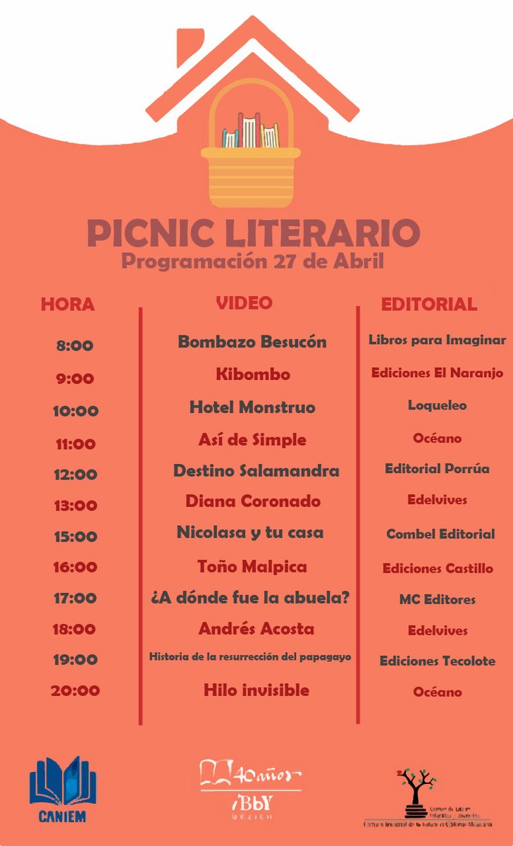 IBBYMexico's tweet photo. Recuerda que la celebración por el "Día Internacional del Libro" continúa hasta el 30 de abril. Sigue la programación a partir de las 08:00 a 20:00 horas en las redes del #COLIJ de @CANIEMoficial #IBBYenCasa #YoLeoEnCasa #picnicenCasa https://t.co/GNEzyn1d4A
