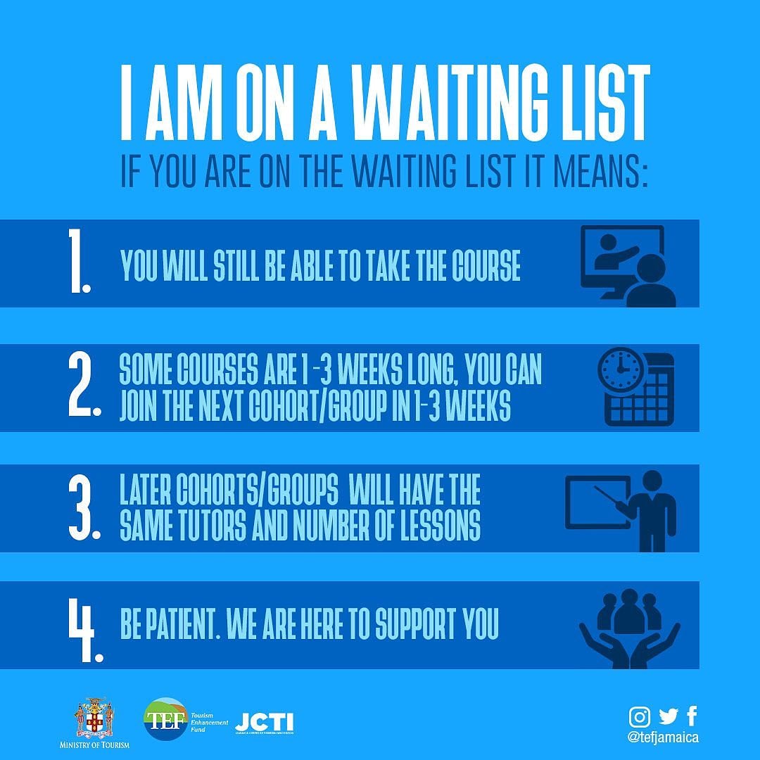 tourismja's tweet photo. If you were placed on a waiting list, after signing up for one of JCTI's 11 online courses, you still have a chance to complete the course. 
#UpgradeYuhself #GetCertified #TEF #JCTI #Jamaica. https://t.co/b3XXwYlBZf