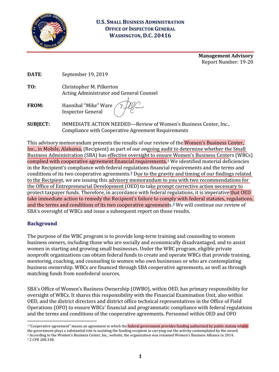 I get it that OIG reports are sexy nor offer clickbait teasers.Those of us in DC, we know the OIG reports are filled with FACTSFor exampleHas  @SBAJovita issued a criminal referral to the DOJ to prosecute this recipient?Who defrauded the Govt of>$285K  https://www.sba.gov/sites/default/files/oig/SBA-OIG-Report-19-20.pdf