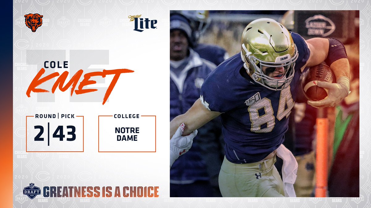 CONGRATULATIONS to @ChicagoBears 🏈 & @ColeKmet a fellow @NDFootball ☘ alum!!! #Bears got a great player and better man!! Enjoyed playing with his dad, Frank while on the Bears.....Like father, Like son!!! #GoIrish & #BearDown!! #BearsDraft #NFLDraft #NFLDraft2020 #NotreDame ☘