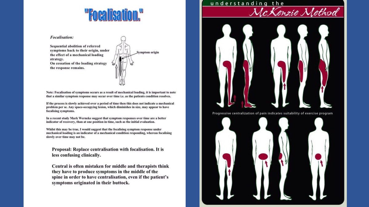 And predicatable pain responses include the centralisation phenomenon (focalisation in my world) patinets describe that certain movement can increase or provoke symptoms, and pain can radiate away from it’s origin. The reverses can also be described. The “directional preference”