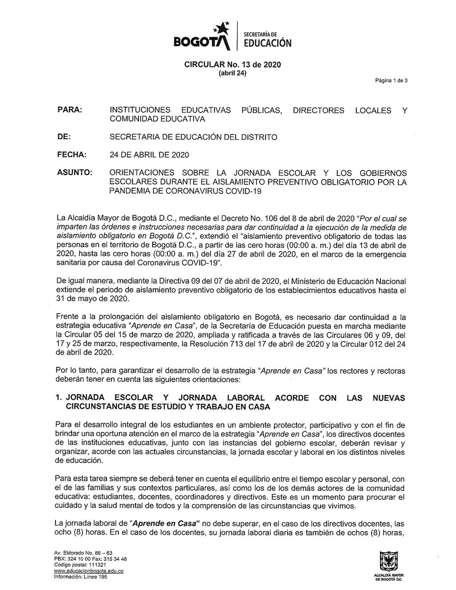 Educacionbogota's tweet photo. Lee la Circular N. 13 de la Secretaría de Educación, donde se dan orientaciones sobre la jornada escolar y laboral en los colegios oficiales de Bogotá. Dicha jornada debe buscar que se respete el tiempo personal tanto de estudiantes como de padres de familia y docentes. https://t.co/HvbK3FWIwC