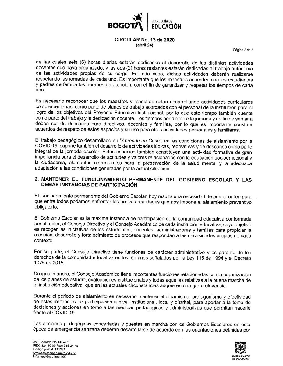 Educacionbogota's tweet photo. Lee la Circular N. 13 de la Secretaría de Educación, donde se dan orientaciones sobre la jornada escolar y laboral en los colegios oficiales de Bogotá. Dicha jornada debe buscar que se respete el tiempo personal tanto de estudiantes como de padres de familia y docentes. https://t.co/HvbK3FWIwC
