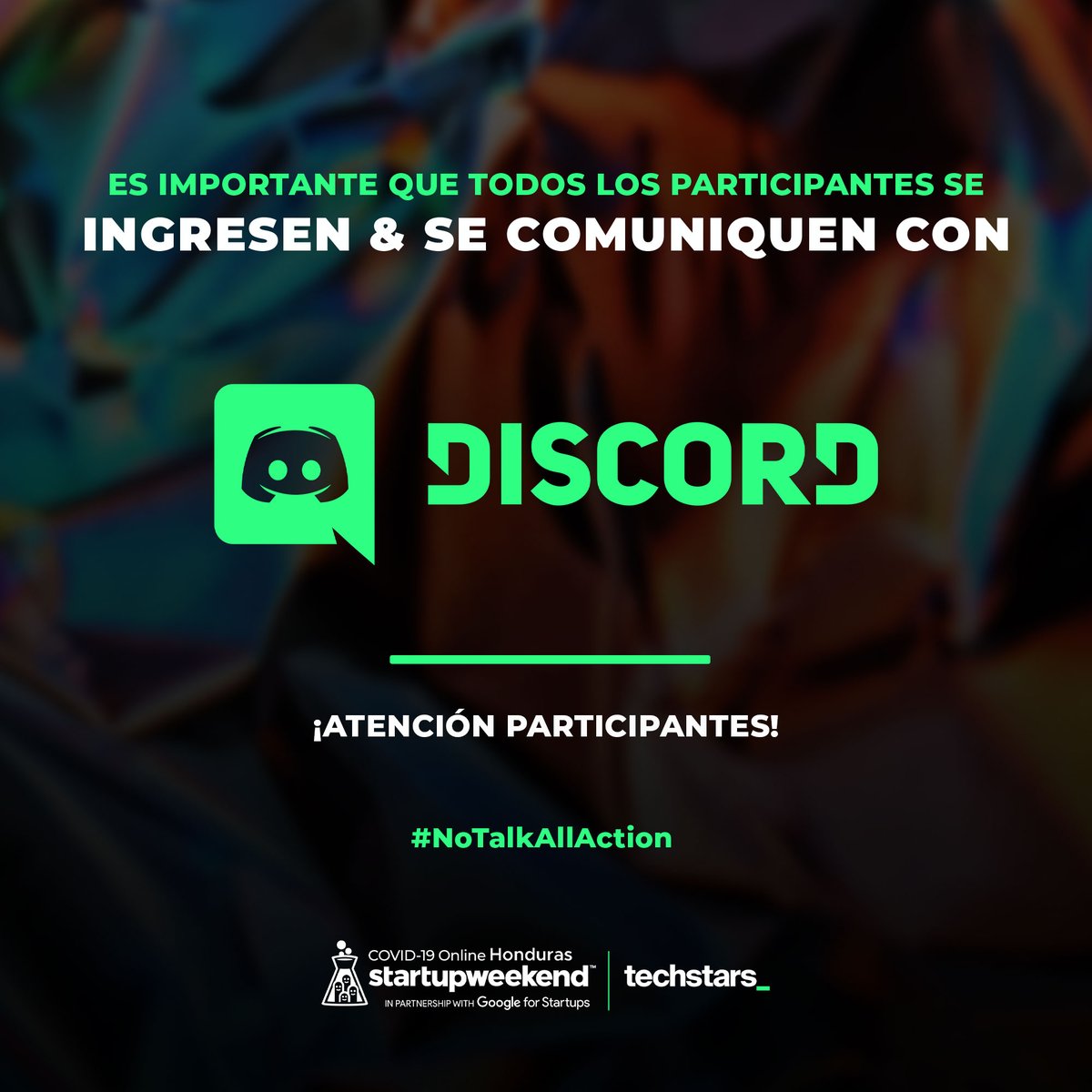 SWSanPedroSula's tweet photo. ¡Es importante que todos los participantes accedan a Discord!

Si eres un líder de equipo no olvides asegurar que cada integrante de tu equipo tenga acceso a Discord. 

Si tiene alguna pregunta, comuníquese con nosotros vía inbox/DM o a honduras@startupweekend.org. https://t.co/FPwba6DkMc