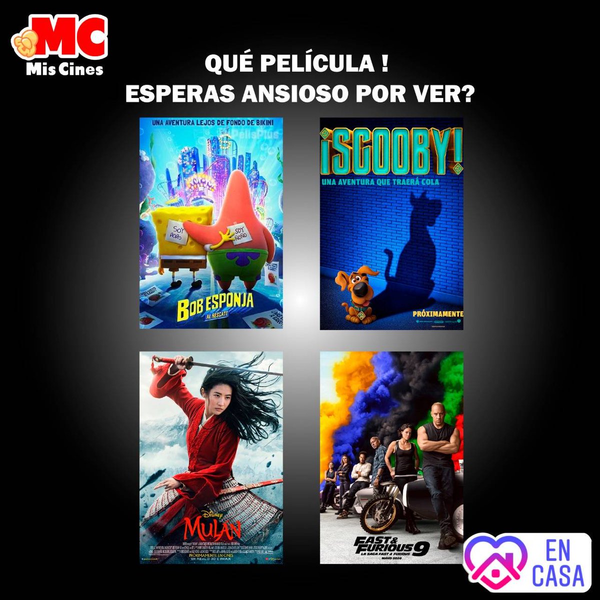 Cuida tu #Salud y la de los demás!  Para cuando termine la emergencia sanitaria, puedas disfrutar de estos grandes estrenos,  con todos tus seres queridos, en #MisCines, recuerda, para vencer el #Coronavirus, #QuedateEnCasa  es la responsabilidad es de todos.