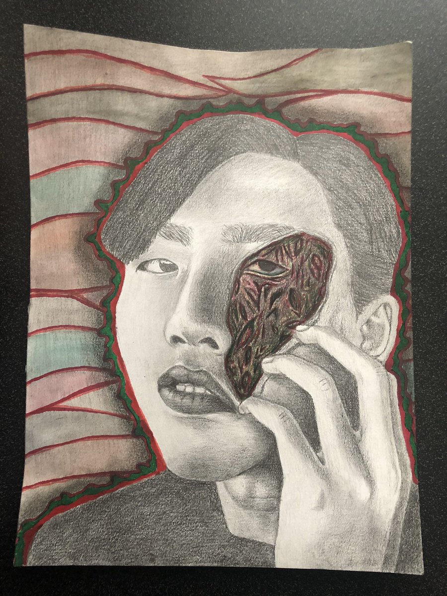 i have so much art to add to this thread which i’ll be doing the next few days but here’s my first work to my senior concentration which is representing phobias and fears through portraits of people, this is “hypochondriasis” - fear of sickness