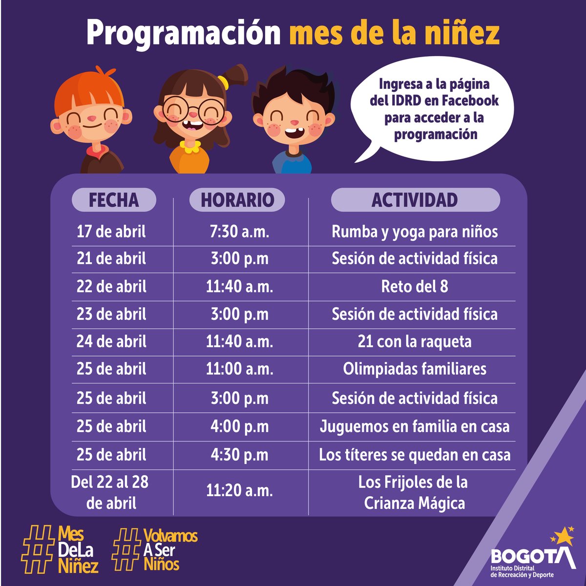 IDRD's tweet photo. Promovemos valores como el trabajo en equipo y la solidaridad. Participa junto a toda tu familia de nuestras actividades este sábado y #VolvamosASerNiños. #MesDeLaNiñez https://t.co/PhmuP3U7Ew