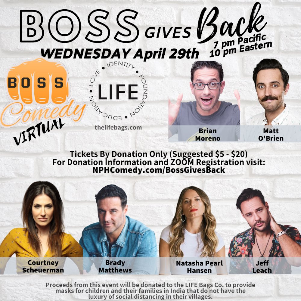 NPHcomedy's tweet photo. BOSS goes VIRTUAL and GIVES BACK!
#BOSScomedy is hosting its first virtual show for an amazing cause:

Wed April 29 @ 
7pm Pacific/10pm Eastern

For Tickets/Donation/Registration visit:
https://t.co/TrYh9yVjph 

See you next week! https://t.co/H3if7IVUuW