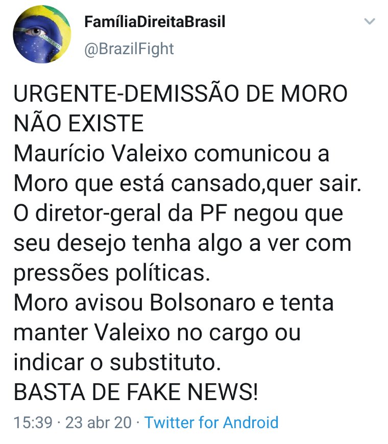 Família Direita Brasil, perfil influenciador bolsonarista: não era fake news, era jornalismo. https://hashtag.blogfolha.uol.com.br/2020/04/24/nao-era-fake-news-era-jornalismo-moro-caiu/?utm_source=twitter&utm_medium=social&utm_campaign=twfolha