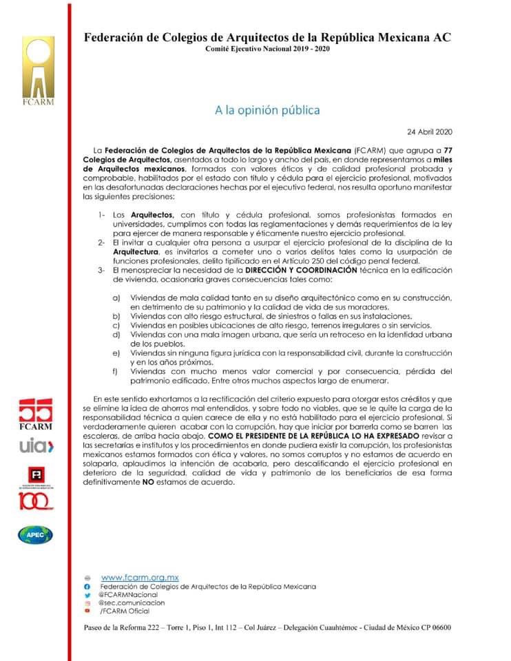 rquitectasFCARM's tweet photo. Postura de la Federación de Colegios de Arquitectos de la Republica Mexicana, ante las declaraciones del Ejecutivo Federal 
@rquitectasFCARM @JovenesArqFCARM @aldopaulapo @lopezobrador_  @GobiernoMX 
#fcarm https://t.co/LoifiOqwcv