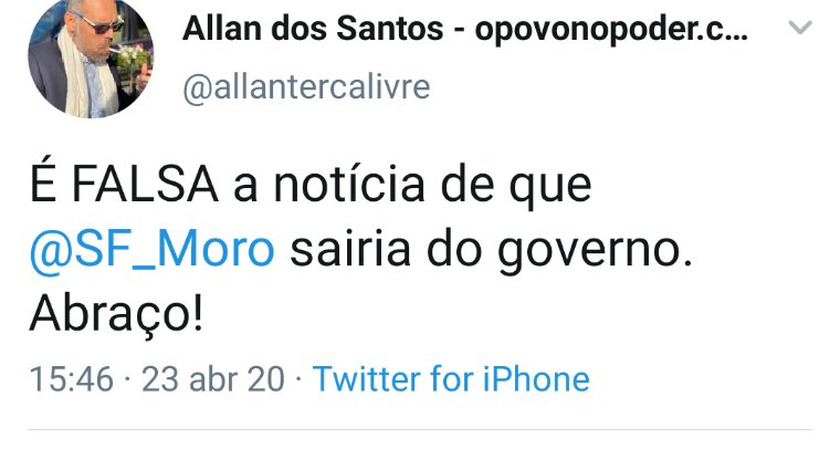 Allan dos Santos, blogueiro bolsonarista: não era fake news, era jornalismo. https://hashtag.blogfolha.uol.com.br/2020/04/24/nao-era-fake-news-era-jornalismo-moro-caiu/?utm_source=twitter&utm_medium=social&utm_campaign=twfolha